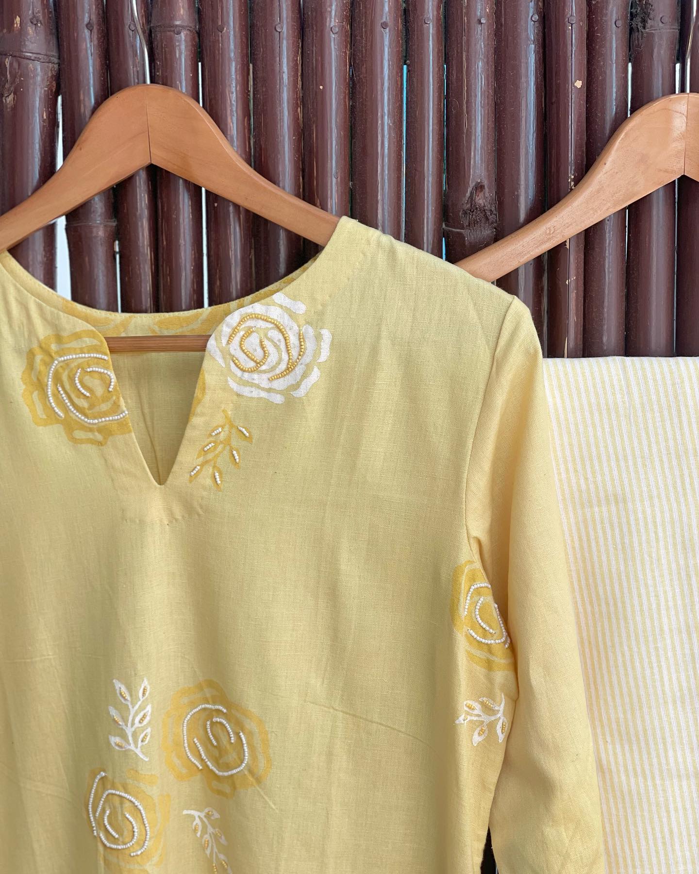 Mellow Bloom Hand Blocked Yellow Kurta Set