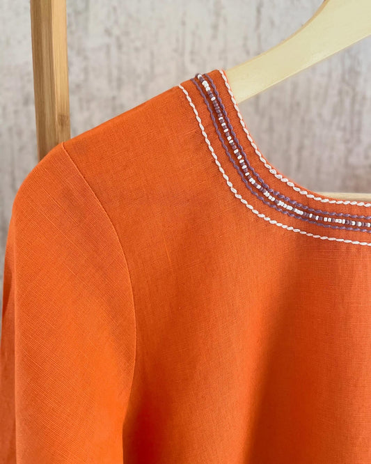 Tangerine Cotton Linen with Contrast Embroidery Details