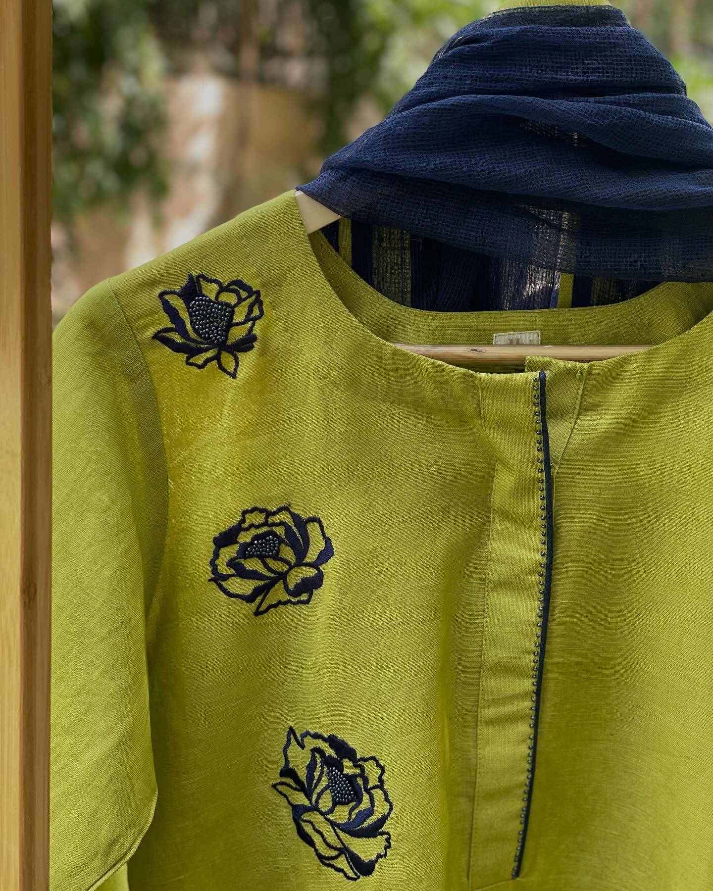 Festive Kurta in Lime with Contrast Blue Detailing