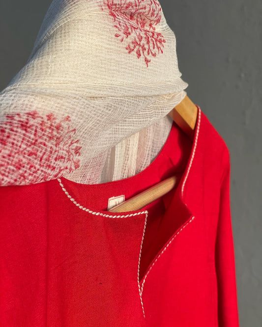 Thread Embroidered Winter Set with Red & Off-White Draping