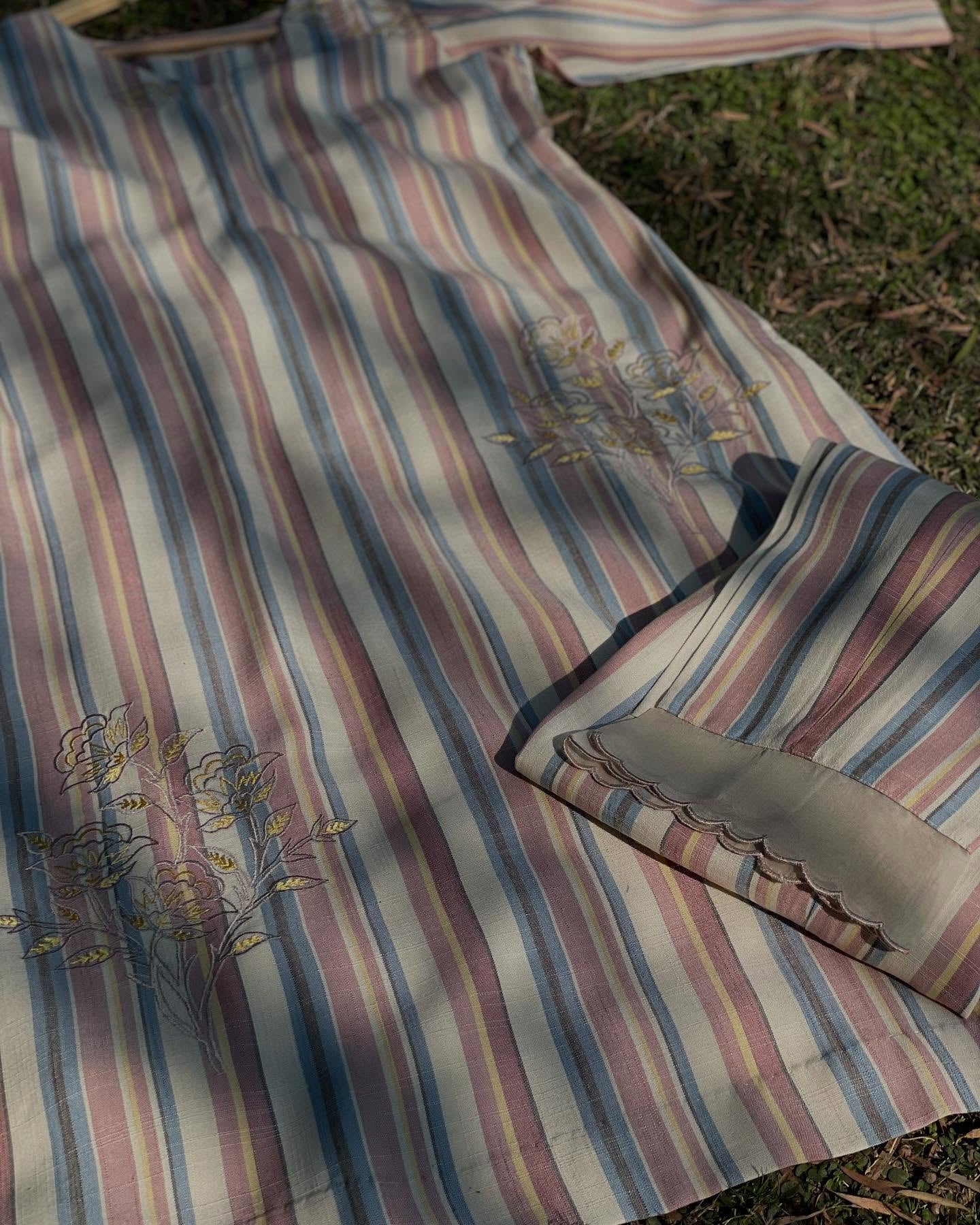 Textured Cotton Linen Co-ord with Striped Scalloped Pants