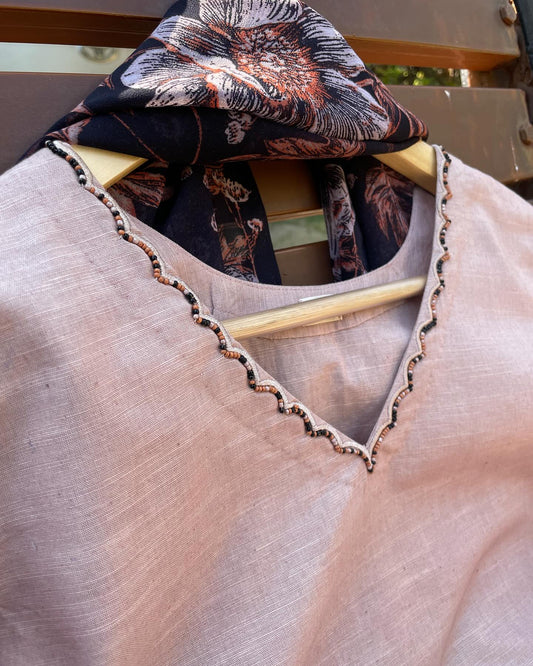 Scalloped Cotton Linen Set with Hand-Tucked Beads