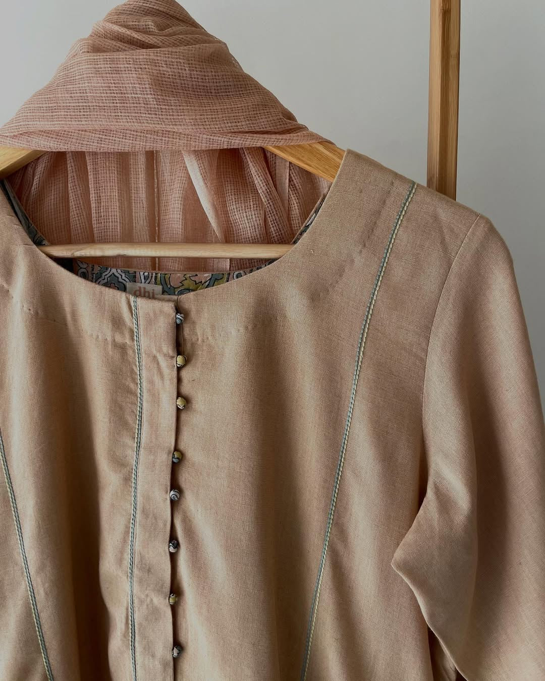 Breezy Summer Kurta Set in Beige & Teal with Handblock and Kota Touch