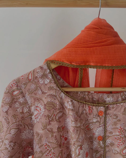 Handcrafted Cotton Set with Contrasting Prints & Kota Dupatta