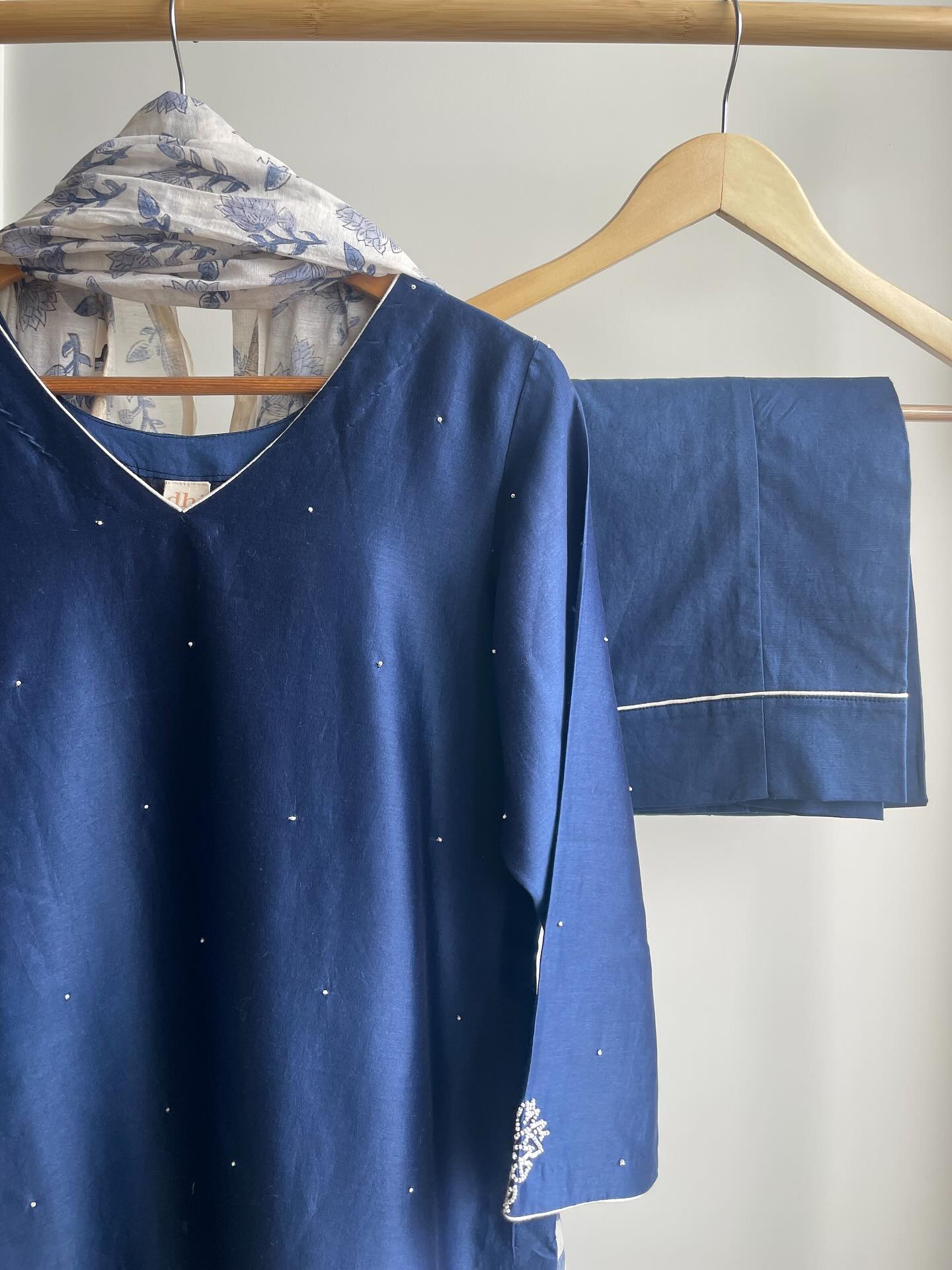 Handwoven Indigo Chanderi Set with Ivory Accent