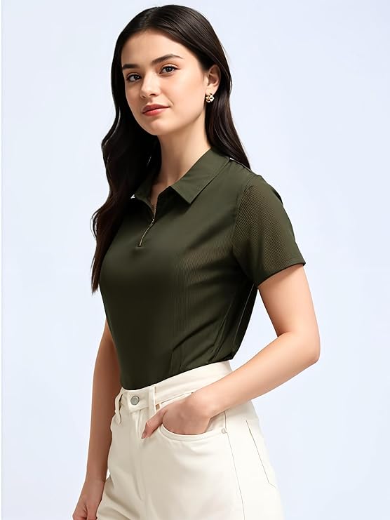 Cotton Polo Neck Zip T-Shirt
