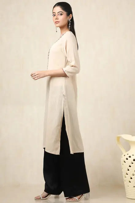 Beige Cotton Solid Kurta With Thread Work