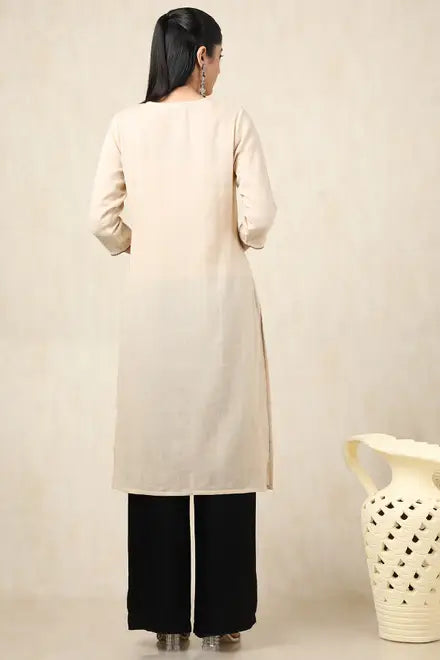 Beige Cotton Solid Kurta With Thread Work