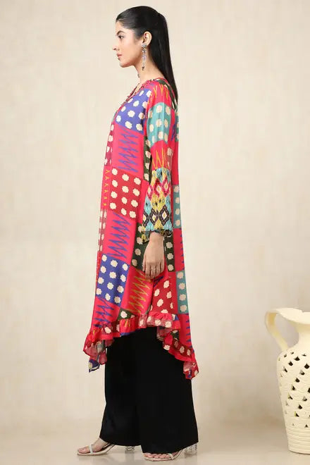 Multicolour Crepe Abstract Print Kurta With Beads And Stones
