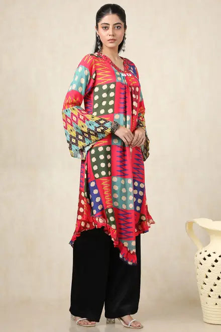 Multicolour Crepe Abstract Print Kurta With Beads And Stones