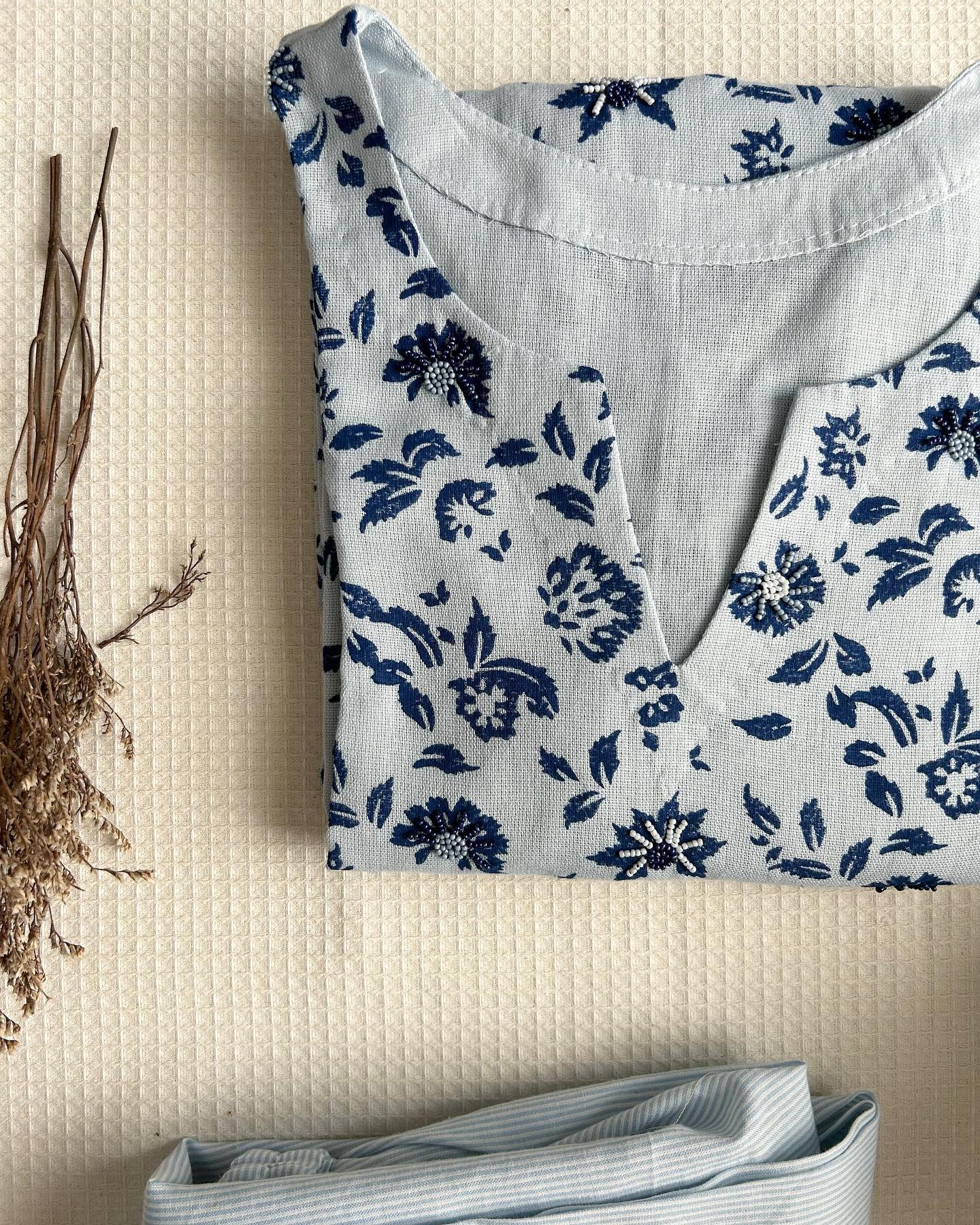 Floral Grace Kurta in Chalk Blue