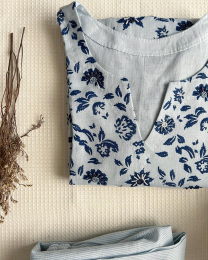 Floral Grace Kurta in Chalk Blue