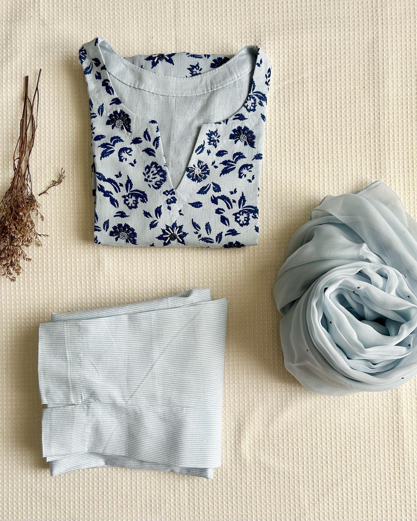 Floral Grace Kurta in Chalk Blue