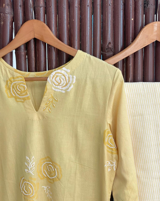 Mellow Bloom Hand Blocked Yellow Kurta Set