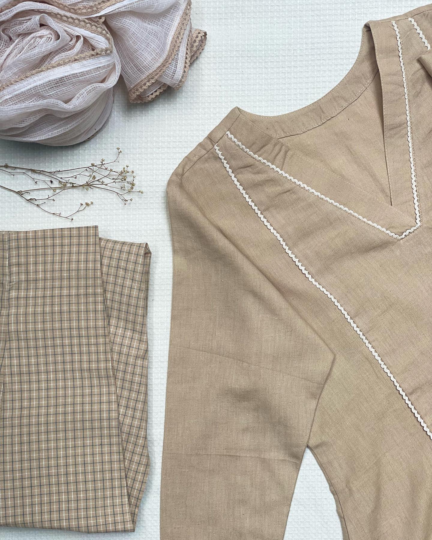 Milky Browns Cotton Kurta Set with Checkered Pants