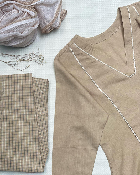 Milky Browns Cotton Kurta Set with Checkered Pants