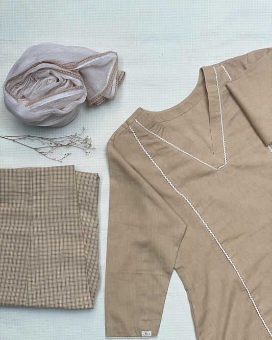 Milky Browns Cotton Kurta Set with Checkered Pants