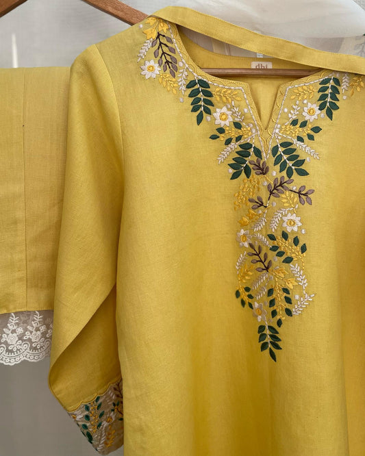 Sunlit Grace: Floral Embroidered Yellow Set