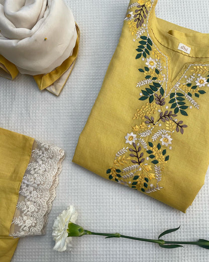 Sunlit Grace: Floral Embroidered Yellow Set