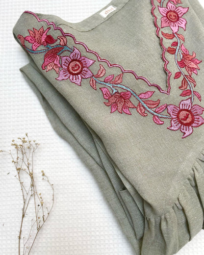 Delicate Blooms on Cotton Linen Kurta With Kota Touch