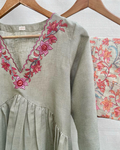 Delicate Blooms on Cotton Linen Kurta With Kota Touch