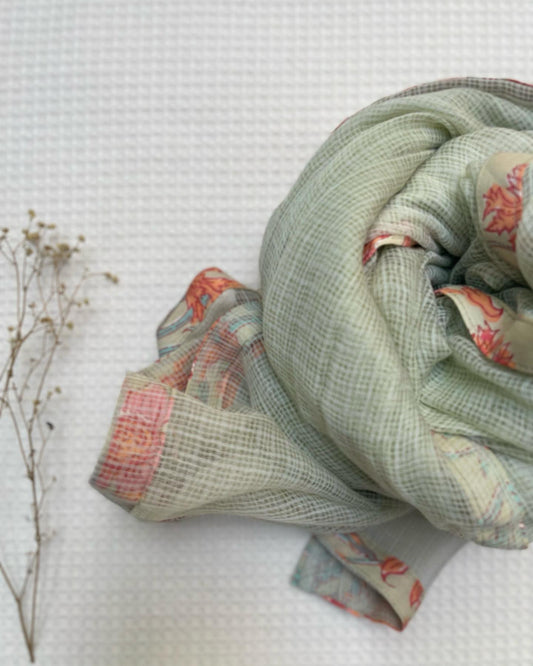 Delicate Blooms on Cotton Linen Kurta With Kota Touch