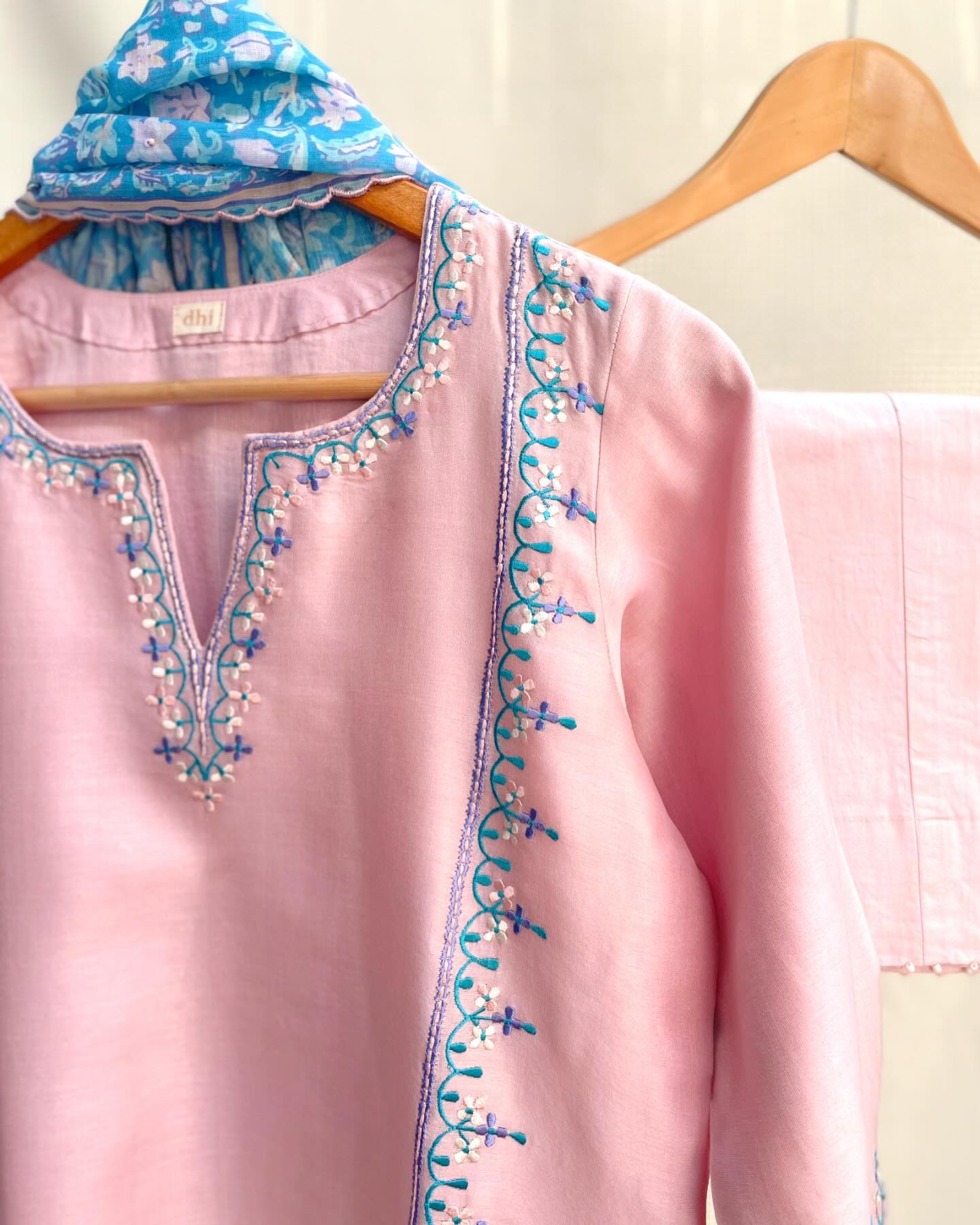 Festive Set in Soft Tones With Mulmul Dupatta