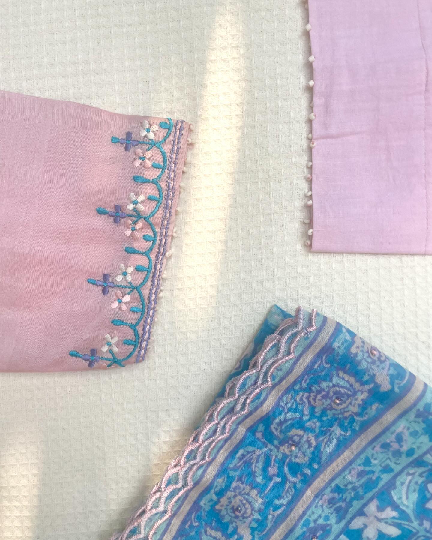 Festive Set in Soft Tones With Mulmul Dupatta