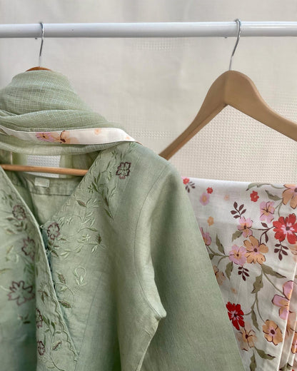 Matt Green Embroidered Cotton-Linen Kurta Set