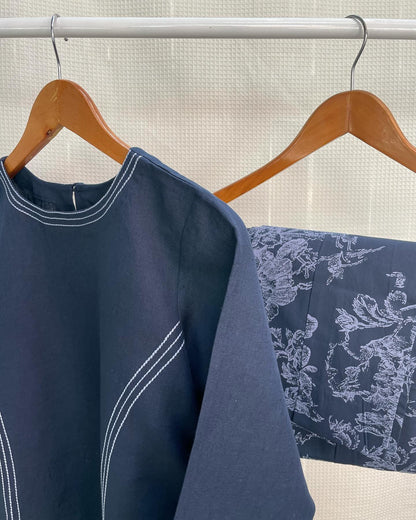 Navy Peony Handworked Summer Cotton-Linen Set
