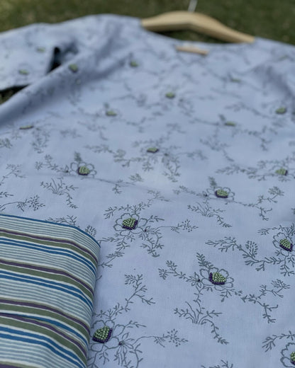 Coastal Breeze Dusty Blue Kurta with Striped Pants