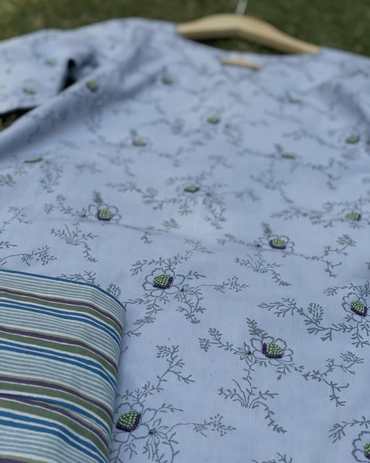 Coastal Breeze Dusty Blue Kurta with Striped Pants