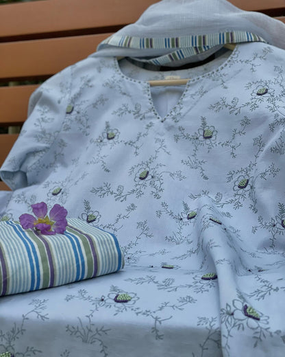 Coastal Breeze Dusty Blue Kurta with Striped Pants