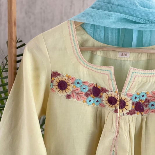Butterfly Yellow Kurta with Embroidered Elegance
