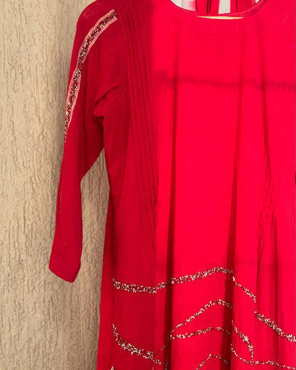 Beaded Crimson Kurta with Tie & Dye Dupatta