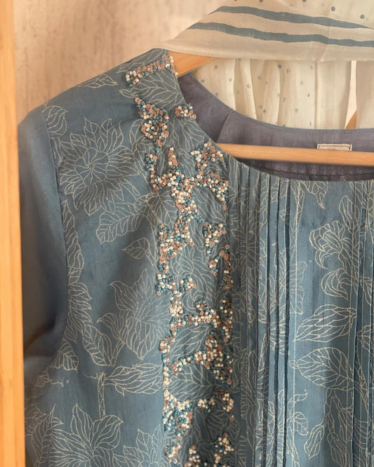 Festive Mul Cotton Kurta with Handblock & Beaded Details