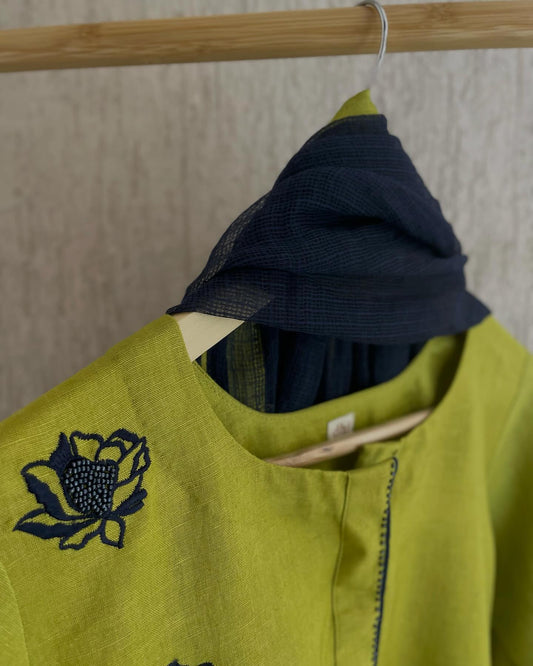 Festive Kurta in Lime with Contrast Blue Detailing