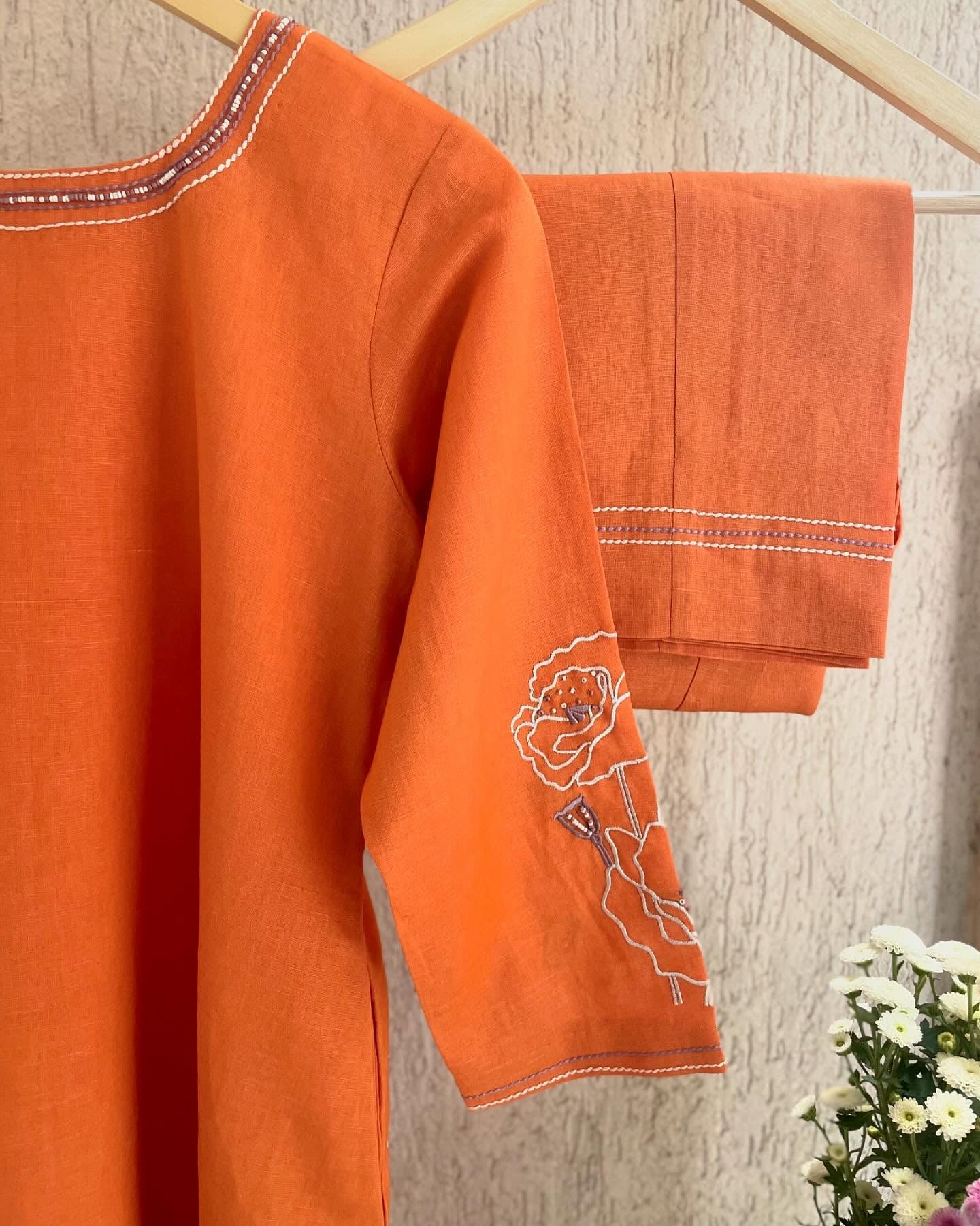 Tangerine Cotton Linen with Contrast Embroidery Details