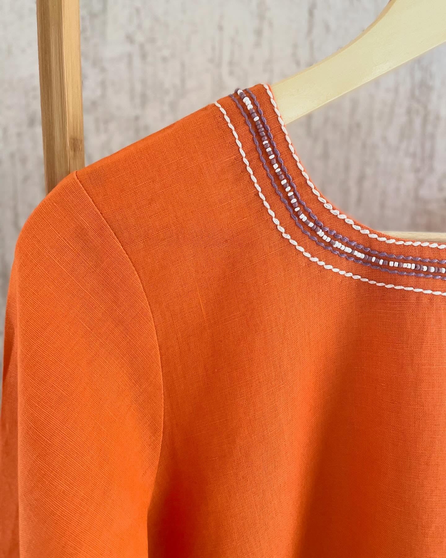 Tangerine Cotton Linen with Contrast Embroidery Details