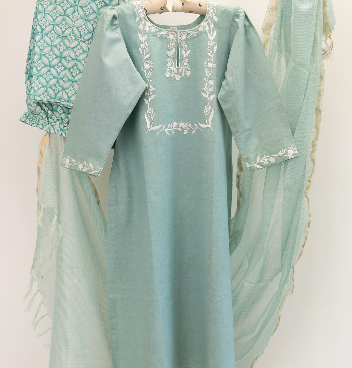 Cotton Kurta with Geometric Pants & Kota Dupatta