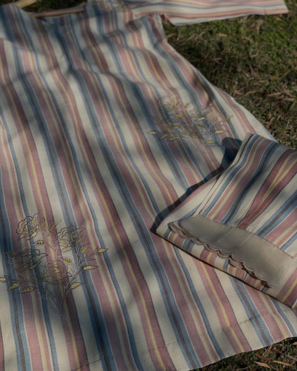Textured Cotton Linen Co-ord with Striped Scalloped Pants