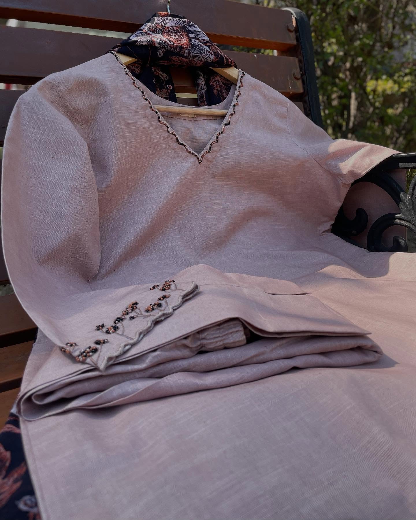 Scalloped Cotton Linen Set with Hand-Tucked Beads