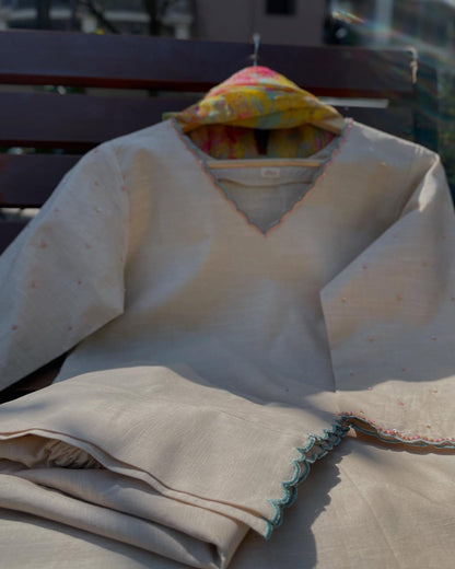 Marble Toned Linen Set with Chiffon Dupatta