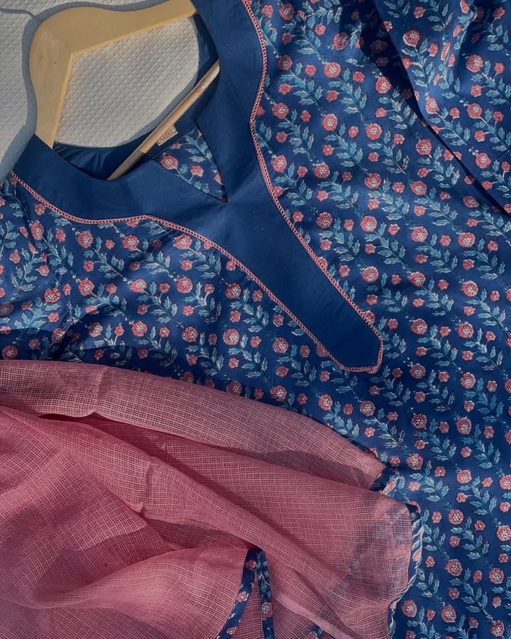 Summer Kurta Set with Printed Pants & Kota Dupatta