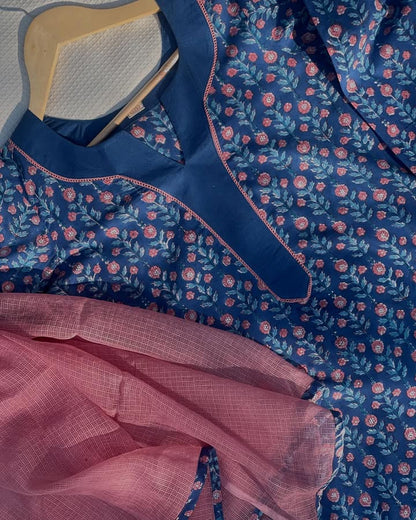 Summer Kurta Set with Printed Pants & Kota Dupatta