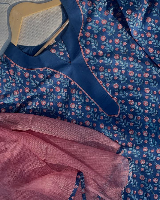 Summer Kurta Set with Printed Pants & Kota Dupatta