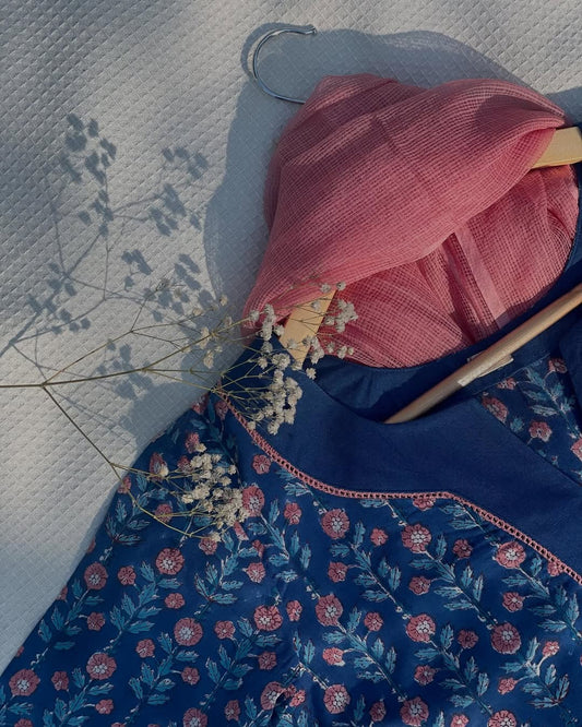 Summer Kurta Set with Printed Pants & Kota Dupatta