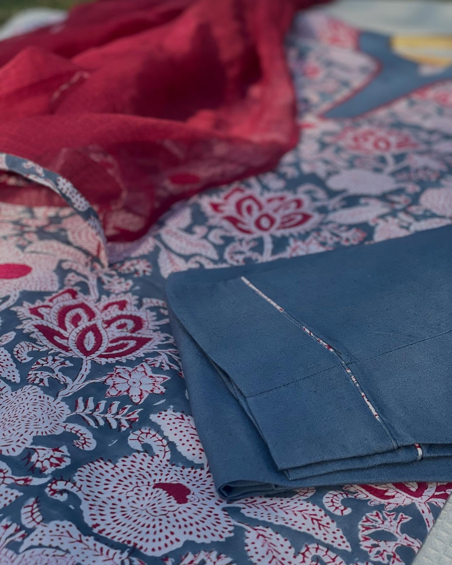 Printed Cotton Kurta Set with Contrast Kota Dupatta