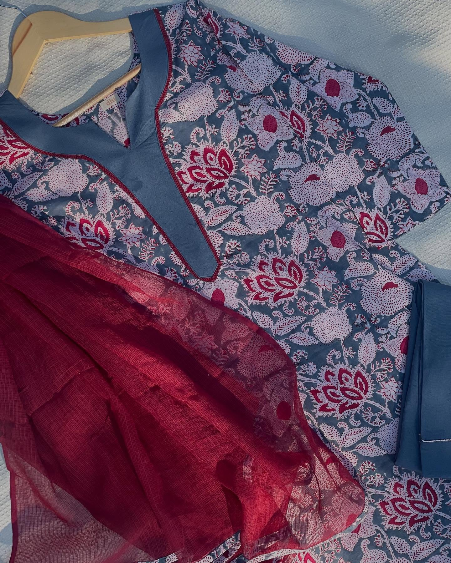 Printed Cotton Kurta Set with Contrast Kota Dupatta