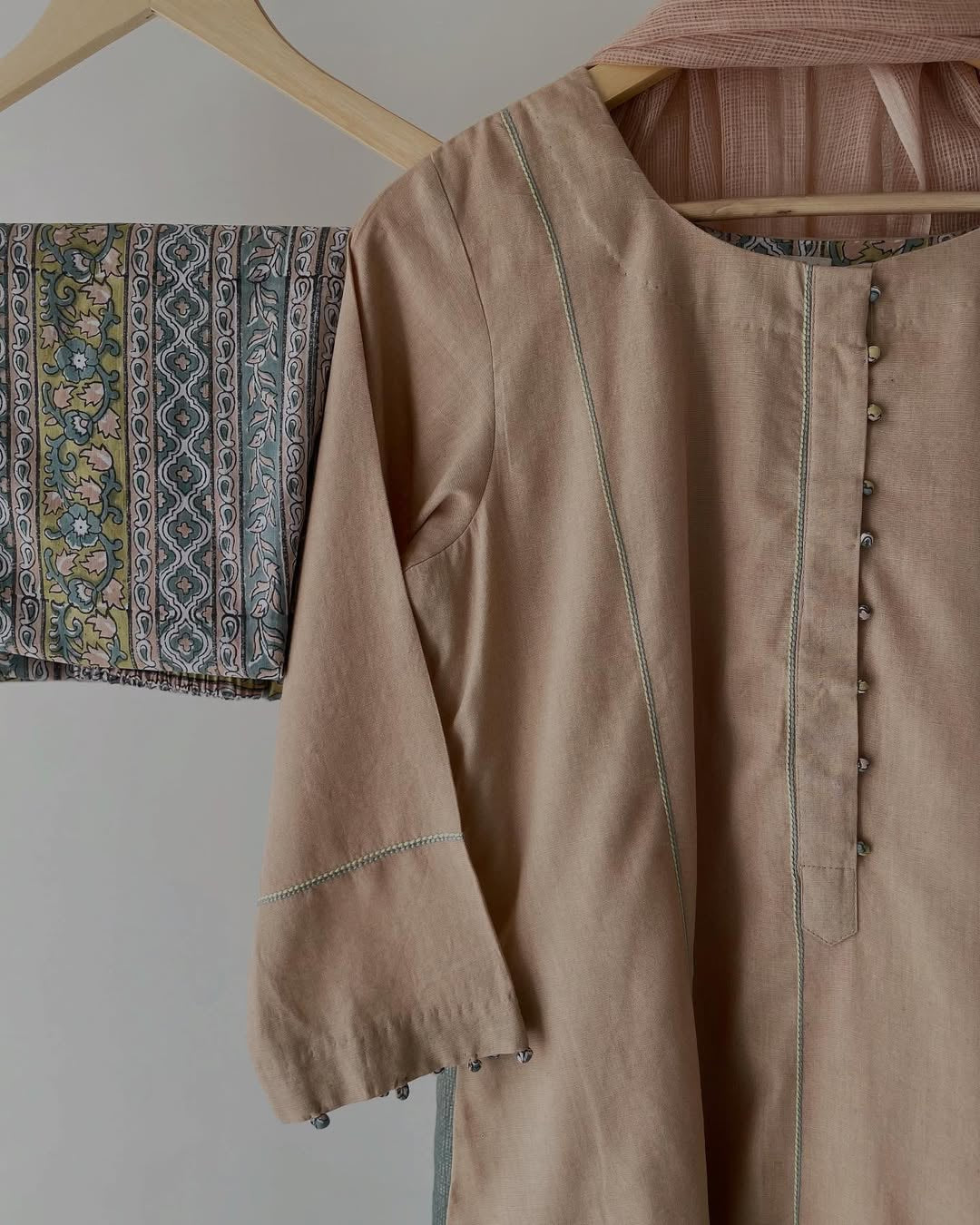 Breezy Summer Kurta Set in Beige & Teal with Handblock and Kota Touch